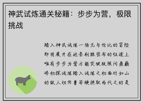 神武试炼通关秘籍：步步为营，极限挑战